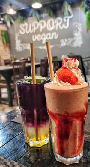 Strawberry cheesecake shake and pea flower tea. So good! at Plant-erian in Krabi