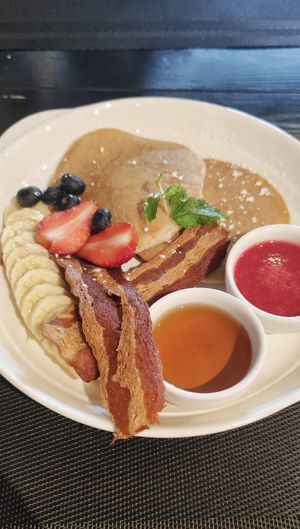 Pancakes with fruits and "bacon" at Plant-erian in Krabi