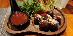 Veg protein balls in a rich tomato sauce at Plant-erian in Krabi