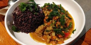 Chilli basil & soy meat stir-fry, with red riceberry at Plant-erian in Krabi