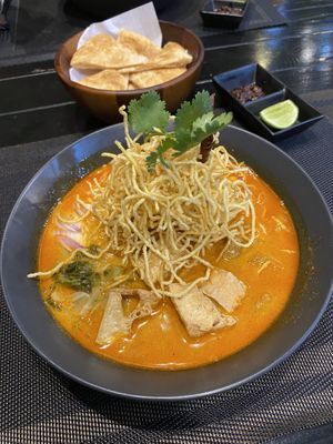 Coconut noodle soup with a portion of Roti  at Plant-erian in Krabi
