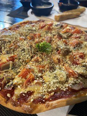 Italian pizza (in the background a couple leftover Chofu (chickpea tofu) fries, very good!)  at Plant-erian in Krabi