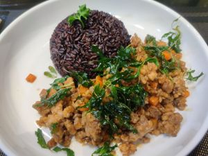 Basil with soy protein and rice at Plant-erian in Krabi