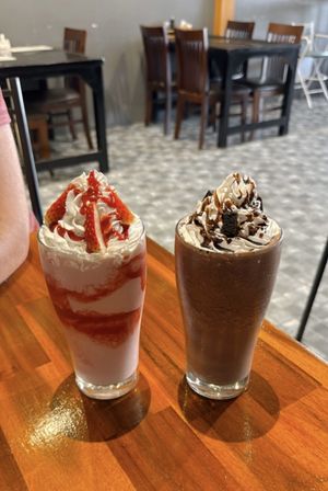 Berry cheesecake and chocolate brownie smoothies   at Plant-erian in Krabi