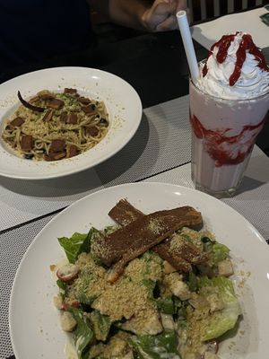 Ceasar salad and chilli pasta, strawberry cheesecake milkshake   at Plant-erian in Krabi
