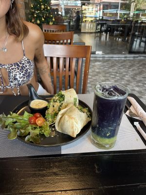 Ceasar wrap and butterfly pea matcha  at Plant-erian in Krabi