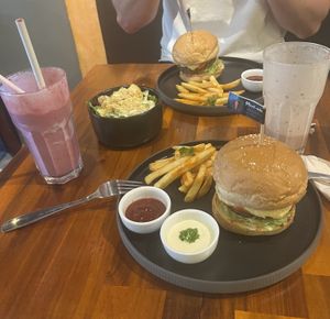 V protein burgers and strawberries smoothies  at Plant-erian in Krabi