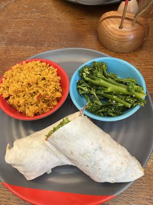 Broccoli, rice, Nando “chicken” wrap (fried halloumi not pictured)  at Nando's in North West London
