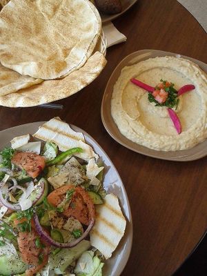 Fattoush, hummus and pita. at Midsea Eatery in Fredericton
