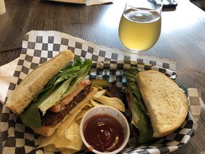 Bean burger on sourdough with earl grey lavender kombucha   at Fall Street Brewing in Seneca Falls