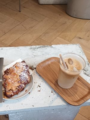 Almond croissants and iced latte (oat milk). It was so tasty, and you have a great seating outside or inside. Inside you can also watch through the glass door how these being made  at Saint-Jean in Amsterdam