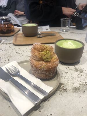 Pistachio cruffin & matcha coconut latte   at Saint-Jean in Amsterdam