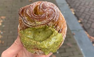 Pistachio cruffin (muffin shaped croissant) at Saint-Jean in Amsterdam