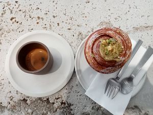 Espresso and pistachio desert at Saint-Jean in Amsterdam