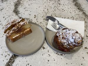 Bostock with pear/hazelnut (great fruity and nutty taste) and cruffin with raspberry/almond (great fruity and buttery taste) at Saint-Jean in Amsterdam