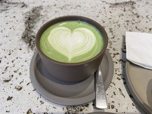 Matcha latte with pea milk: slightly bitter but good  at Saint-Jean in Amsterdam