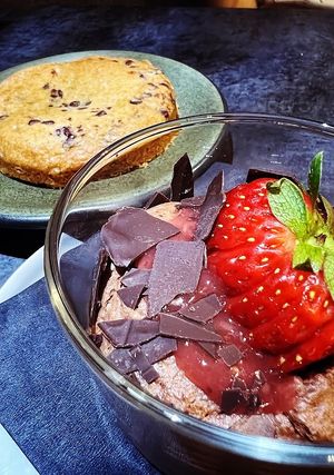 Strawberry chocolate mousse and chocolate chip cookie. at Earthen  in Brooklyn