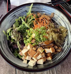 Rice bowl! 🍚 you don’t see the rice here but there was plenty under the rest of it. Filling and taste ok but nothing to write home about, just here    at Koya in Penticton