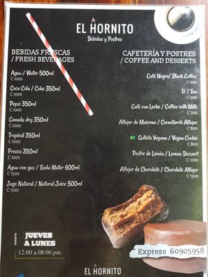Menu at El Hornito in Uvita