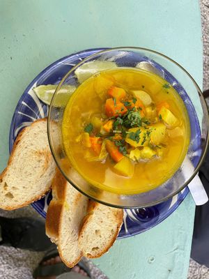 Soup of the day: vegetables with turmeric. Every day there's a different soup.  at Mayita Mamita in Tulum