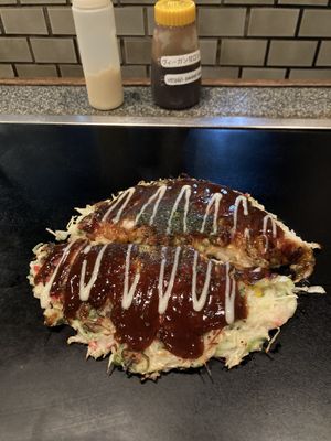 Mochi and corn okinomiyaki. Add your own vegan sauce as needed  at Gion Tanto - 祇園たんと in Kyoto