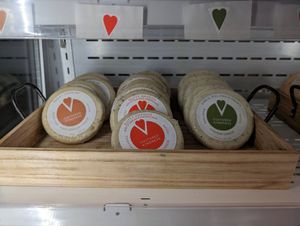 Cheese wheels at Cultured Kindness Vegan Cheese Shop in Portland