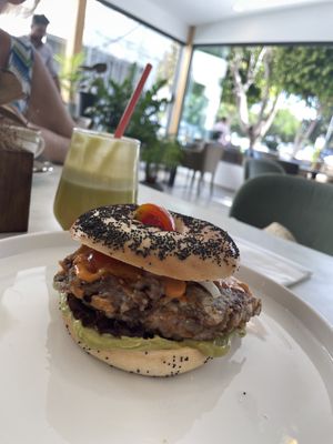 Vegan bagel and fresh juice   at Tasters in Limassol