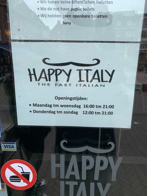 Opening Hours are Monday-Wednesday 16:00-21:00 and Thursday-Sunday 12:00-21:00  at Happy Italy in Venlo
