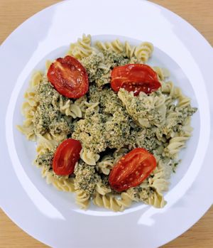 Vegan pea pasta with homemade pesto and grilled tomato at WeVegan in Ballincollig