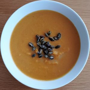 Fragrant squash soup with homemade vegan cream and roasted seeds at WeVegan in Ballincollig