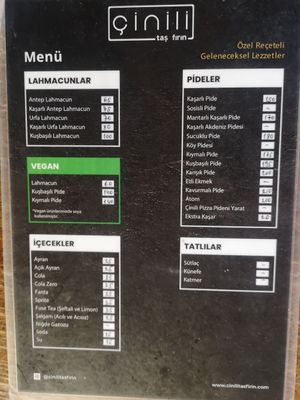 menu at Çinili Taş Fırın in Istanbul