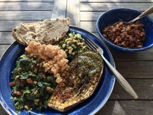 Roasted eggplants and alll the salads and sides! at Volcan Laguna  in Santa Maria Del Oro