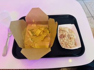 Yellow curry with steamed tofu and brown rice side   at Stiks in Sarasota