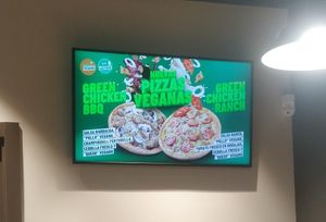 Display showing their "Green" options at Papa John's in Guadalajara