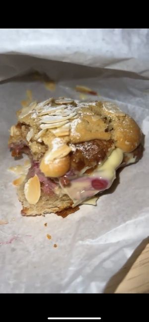 this was the almond croissant i believe, first bite 12/10 i got the cream i got the jam i got the bakewell tart flavour and fluffiness of the croissant!   at Tokyo Vegan Bakes in Tokyo