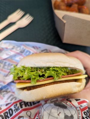 Basic burger with bacon at Lord of the Fries in Christchurch