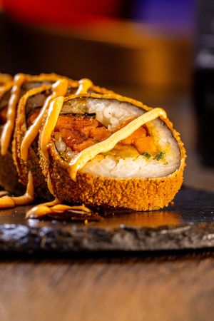 Brad Roll: Vegan crispy style, avocado, sweet potatoes, scallions, vegan cream cheese, topping vegan spicy mayo & vegan eel sauce. at Shibuya Sushi Art - Weston in Weston