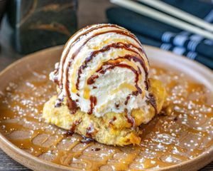 Banana Tempura: Vanilla vegan ice cream, fresh bananas deep fried on vegan tempura. at Shibuya Sushi Art - Weston in Weston