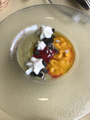 Starter - Cold soup (squash, apple, beetroot with seeds and wine foam )  at Niu Nou in Baga