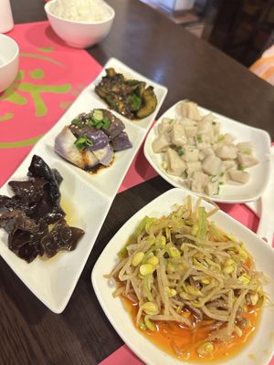 Cold appetizers! Eggplant, wood ear mushroom, cucumber, bean sprouts, lotus root  at Yu Sichuan 渝酸辣粉 in Hong Kong Island