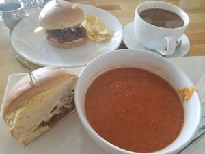pulled-oat "pork" sandwich with tomato basil soup and decaf espresso at The Mercury Café in New Castle
