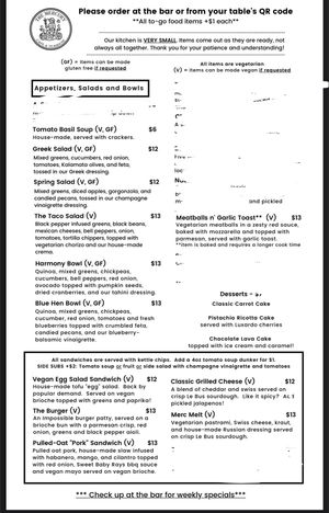 Menu  at The Mercury Café in New Castle