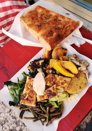 Super nice service and delicious food! Couple of items on the counter were vegetarian not vegan but I asked for plate of everything vegan (9,5€) + focaccia (2€). at Terracotta in Verona