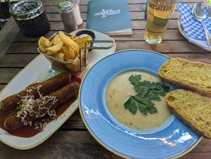 vegan currywurst, potato soup at Altes Mädchen in Hamburg