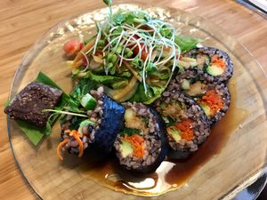 Epic Entree special: BBQ tempeh roll with salad and chia brownie at Choice Health Bar in Lahaina