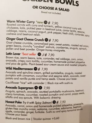 Most bowls are vegan "PB" at Honest Greens - Tuset in Barcelona