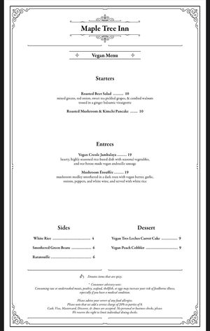 Dec 2021 Vegan Menu at Maple Tree Inn in Homewood