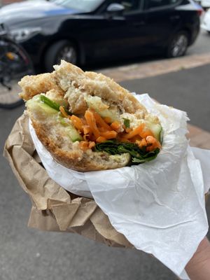 Tofu banh-mi on wholemeal baguette  at The Laughing Elephant in Wentworth Falls