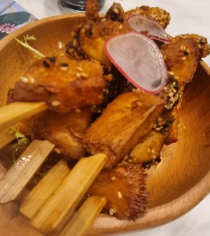 Skewed lion mane mushrooms at Love Veggie Macau in Macau