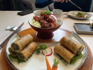 Appetiser platter - spring rolls and mock pork   at Love Veggie Macau in Macau